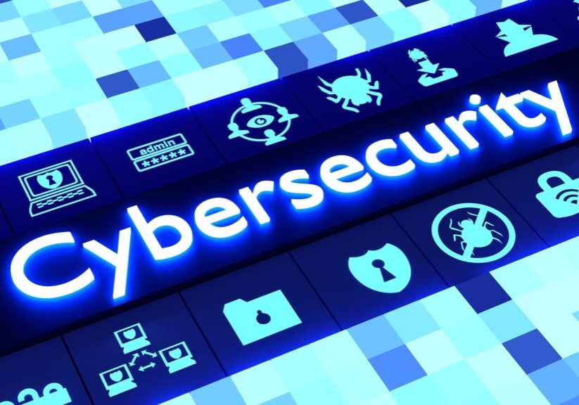 Cubed background in different sizes and blue colors aligning to a row of glowing information security icons surrounding the word cybersecurity 3D illustration